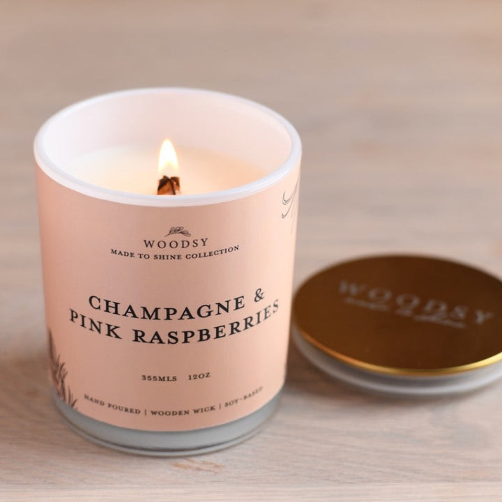 Champagne & Pink Raspberries / Gold Lid Jar-12oz/ Wooden wick/ Pure Soy Candle