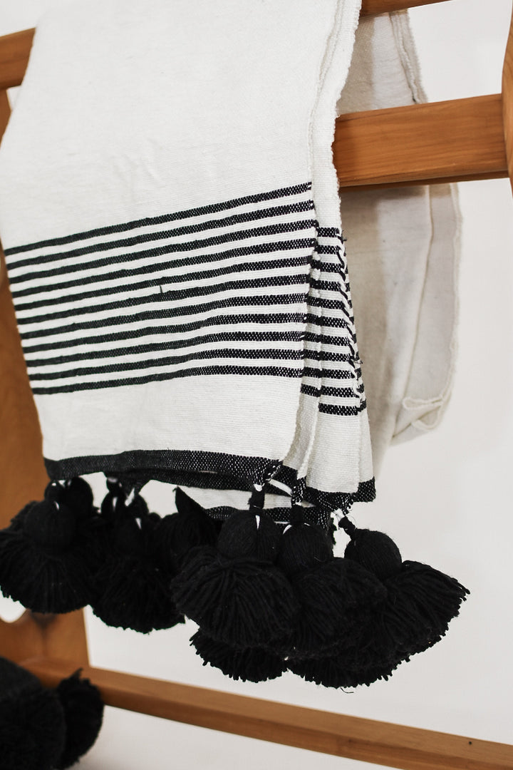 Handwoven Pom Pom Blanket - White/Black Stripes