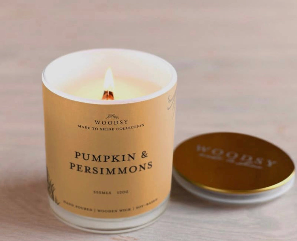 Pumpkin & Persimmons |12 oz, Gold Lid Soy Candle, Wooden Wick