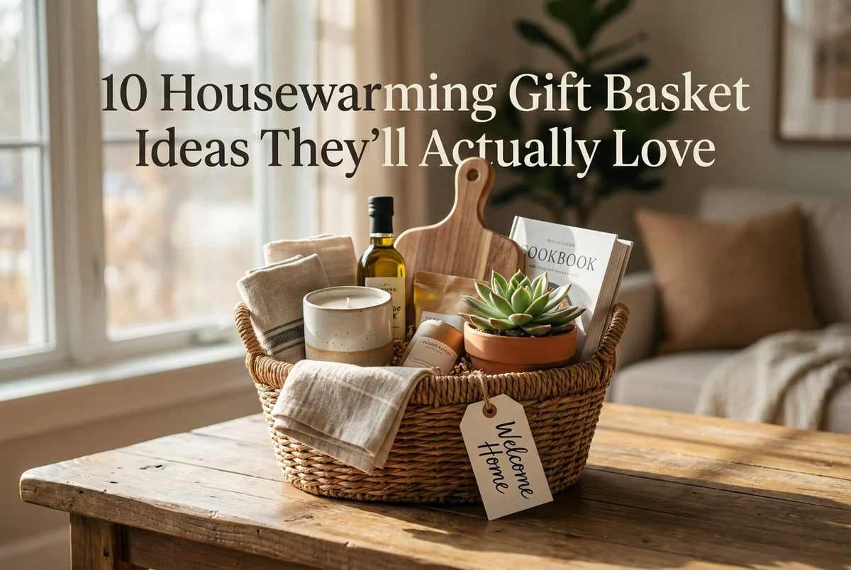 Professional header image for list-based article: 10 Housewarming Gift Basket Ideas They'll Actually Love