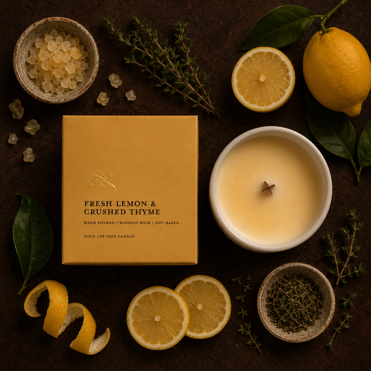 A styled flat-lay of a candle product showing a gold box labeled 'Fresh Lemon & Crushed Thyme' next to a white candle vessel with creamy yellow wax and a wooden wick. The scene is surrounded by lemons, lemon slices, thyme sprigs, and small bowls of ingredients on a dark brown background.