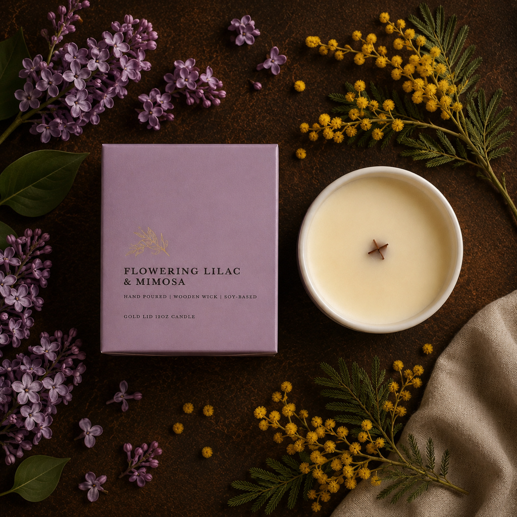 Flowering Lilac & Mimosa| Gold Lid & Boutique Box 12oz Wooden Wick Candle
