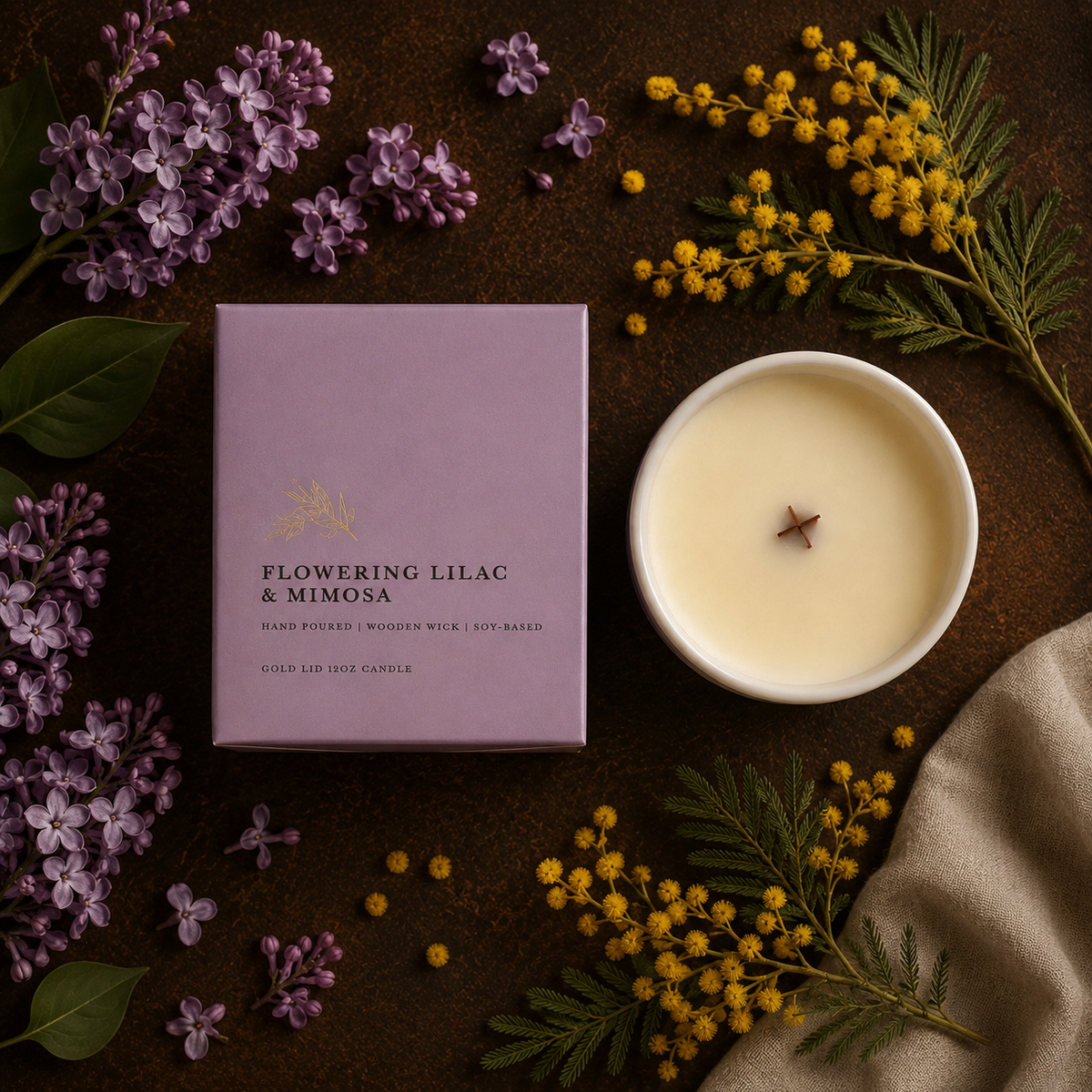 Flowering Lilac & Mimosa| Gold Lid & Boutique Box 12oz Wooden Wick Candle