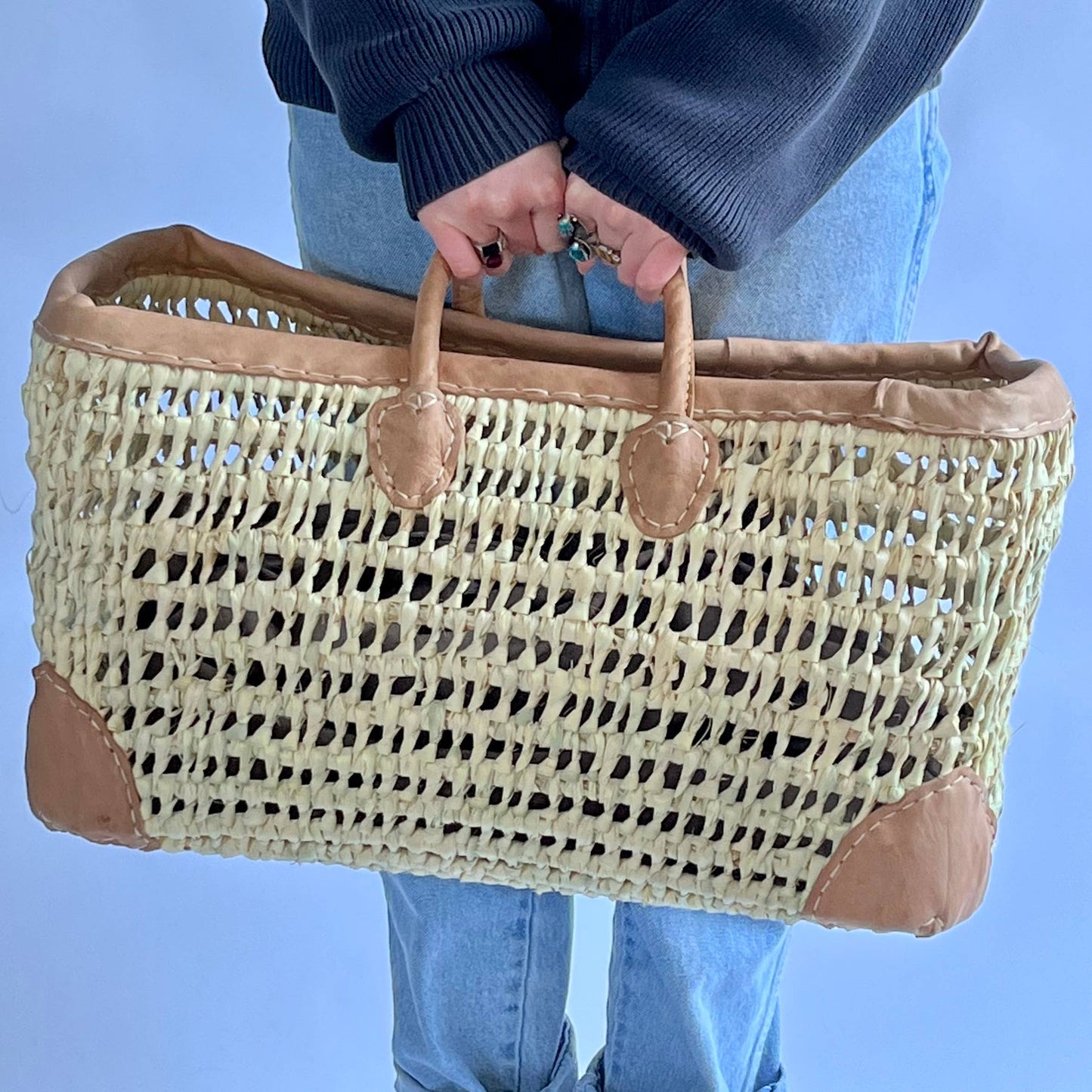 Open Weave Basket with Leather Trim: Extra Large