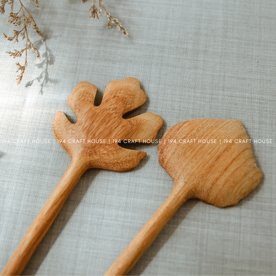 Hand Carved Leaf Shaped Wooden Salad Servers 10"