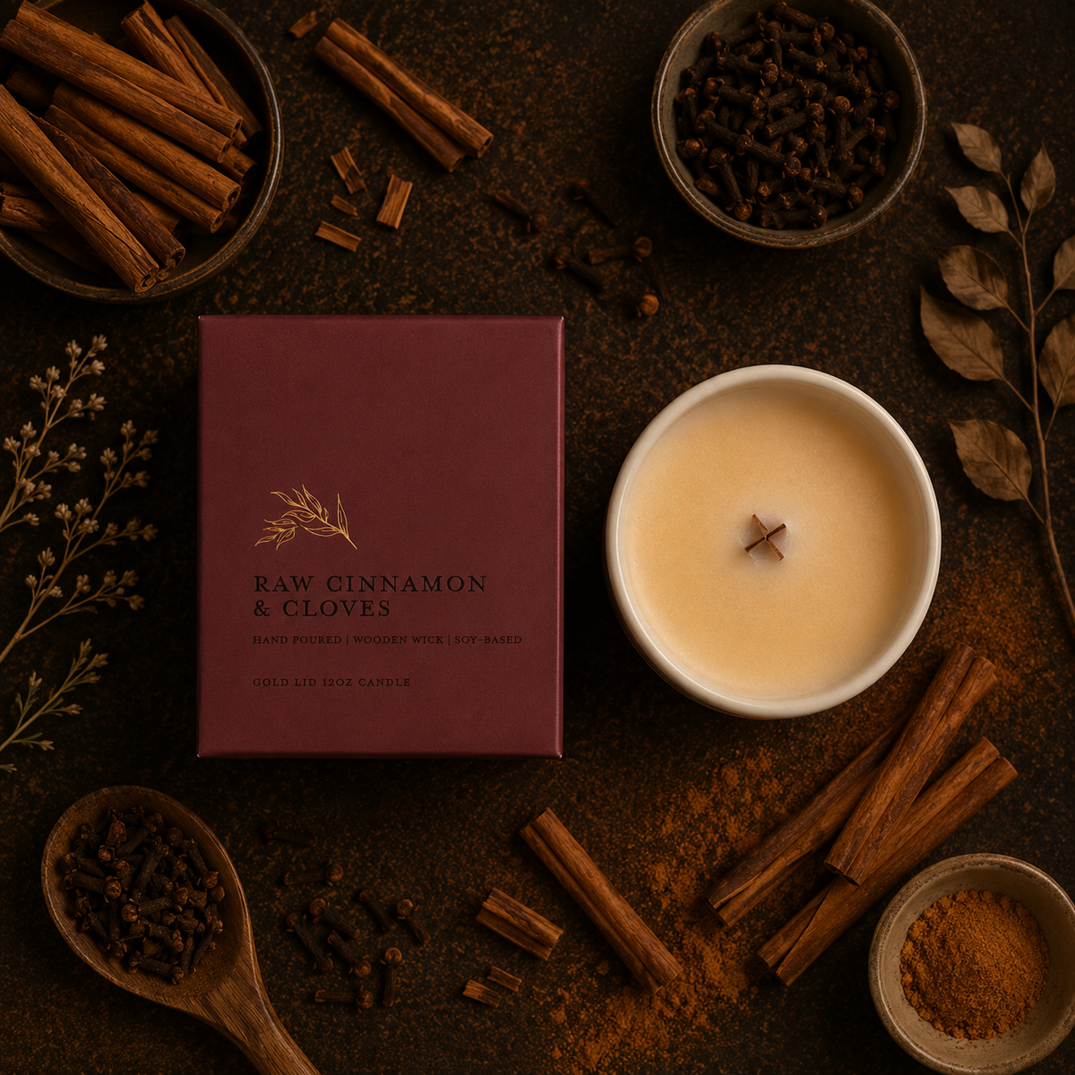 A boxed candle labeled 'RAW CINNAMON & CLOVES' sits on a dark rustic surface beside a white candle vessel filled with creamy wax, surrounded by cinnamon sticks, cloves, dried leaves, and spices.