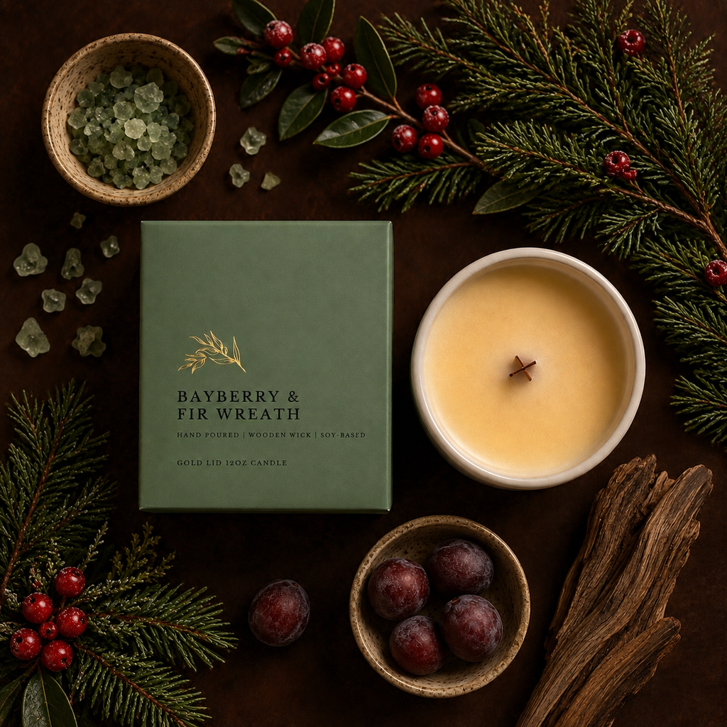 Bayberry & Fir Wreath
12 oz Soy Candle | Gold Lid & Boutique Box | Crackling Wooden Wick