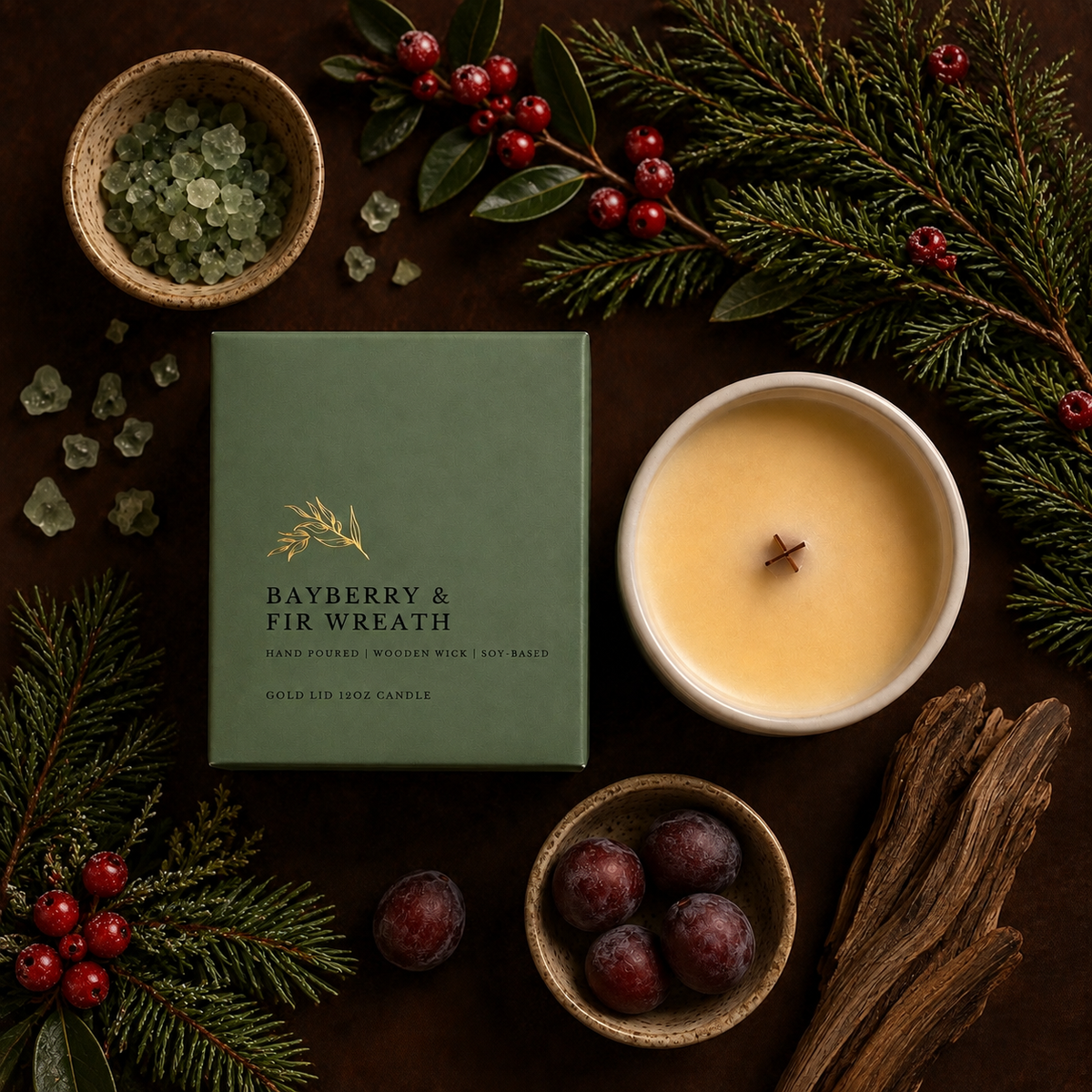 Bayberry & Fir Wreath
12 oz Soy Candle | Gold Lid & Boutique Box | Crackling Wooden Wick