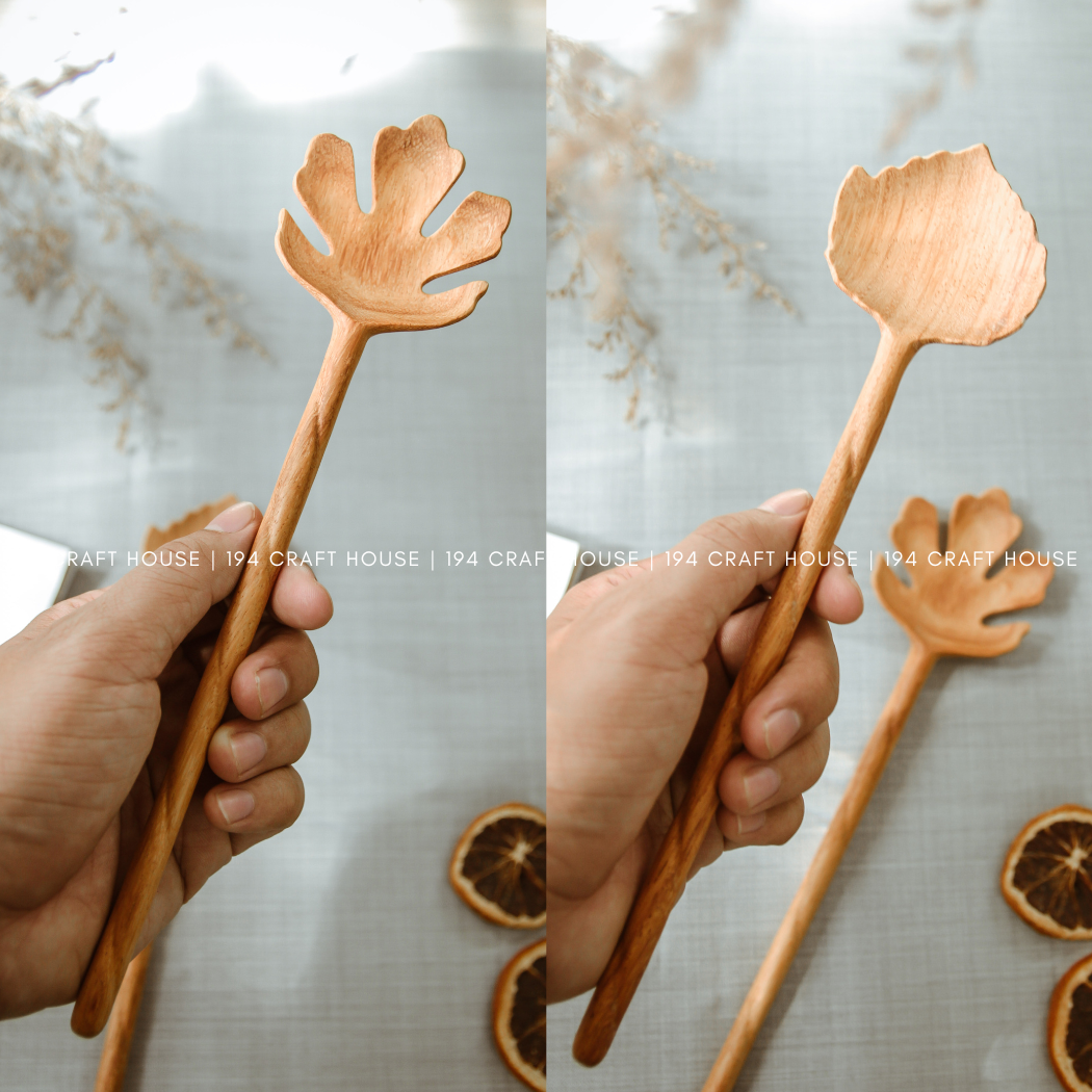 Hand Carved Leaf Shaped Wooden Salad Servers 10"