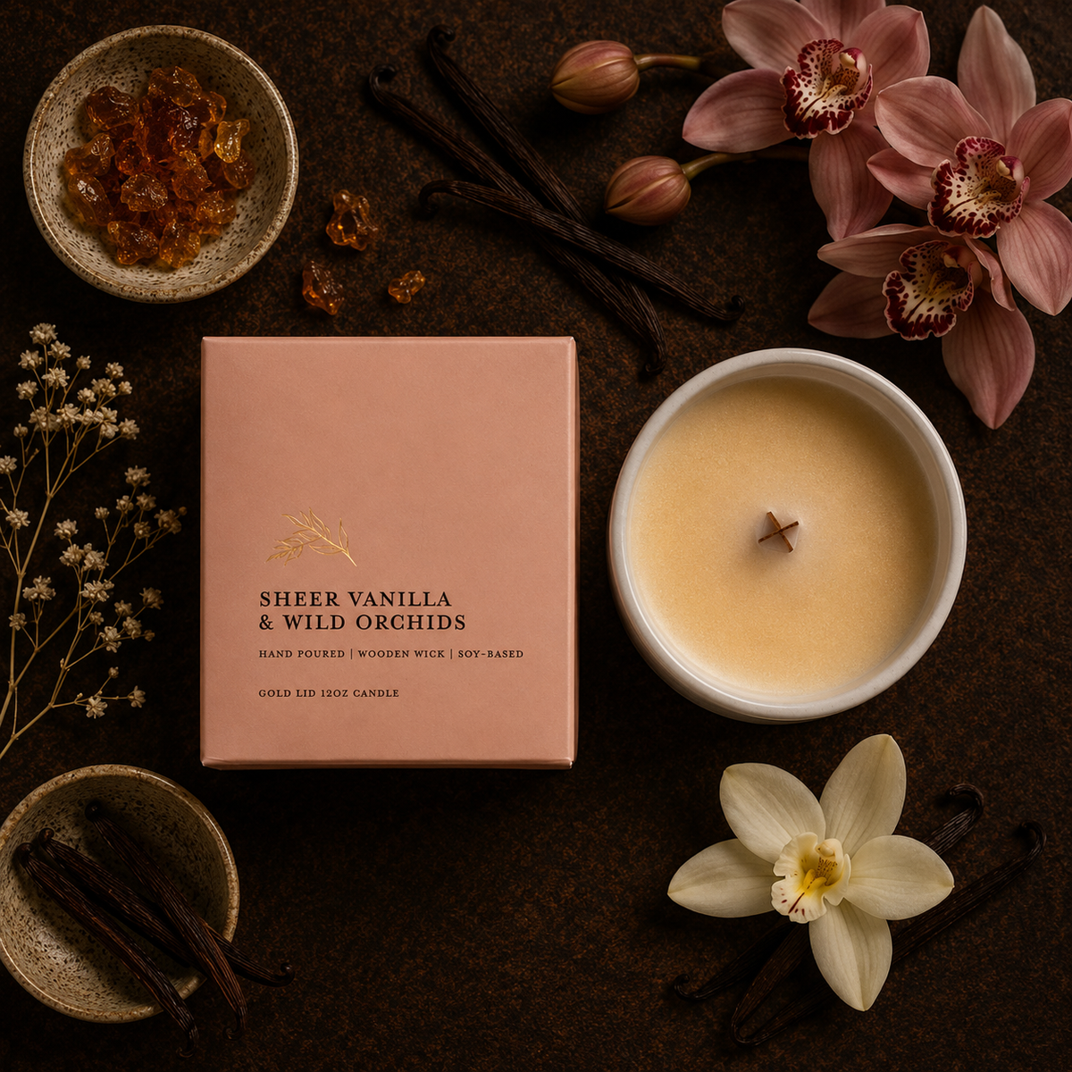 A styled flat-lay of a candle product showing a blush pink box labeled 'Sheer Vanilla & Wild Orchids' alongside a white candle jar with cream wax and a single wick, surrounded by orchids, vanilla beans, amber pieces, and dried flowers on a dark brown background.