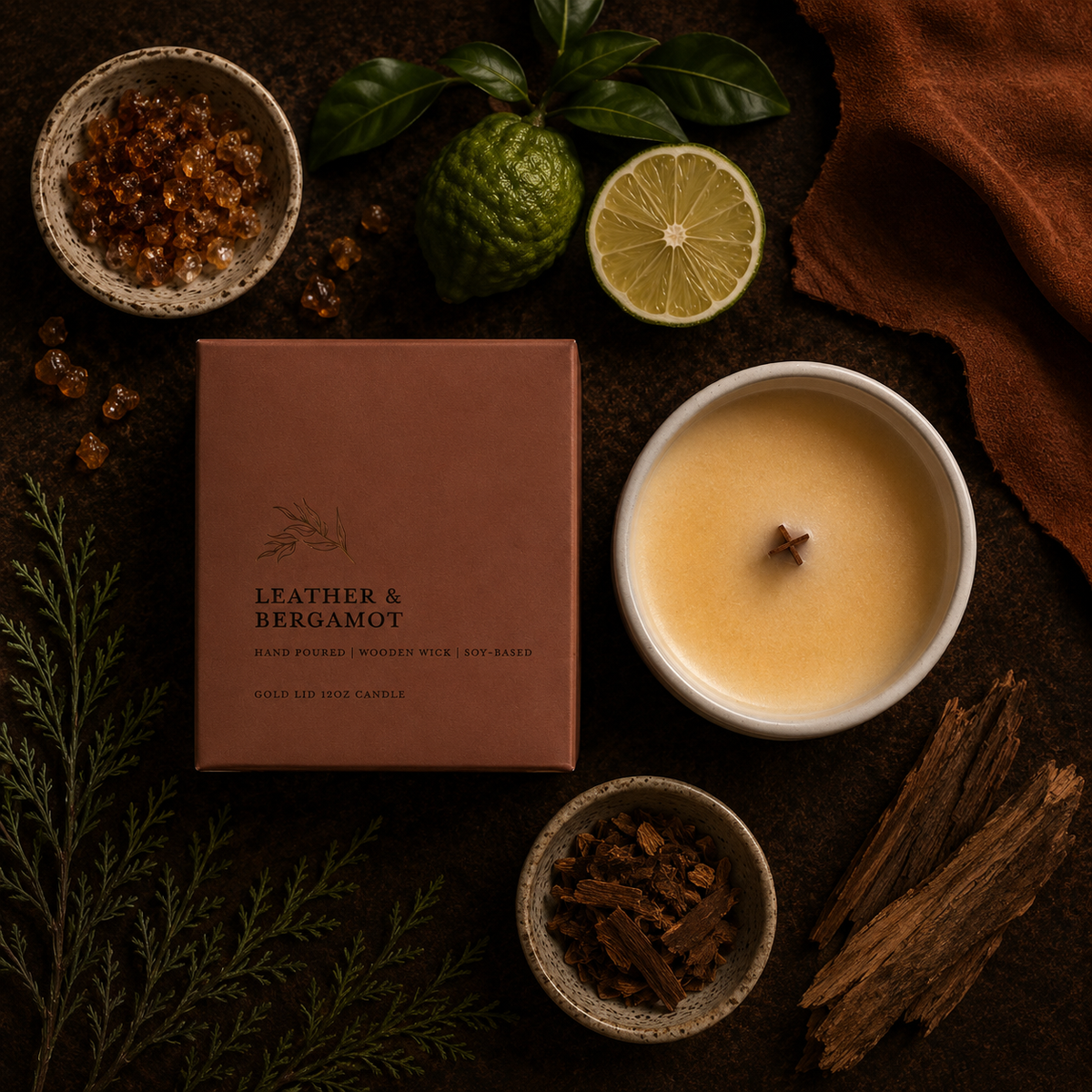 A styled flat-lay of a Leather & Bergamot scented candle in a brown box, surrounded by ingredients and props including a lit candle in a white vessel, limes, spices, and a brown cloth on a dark textured surface.