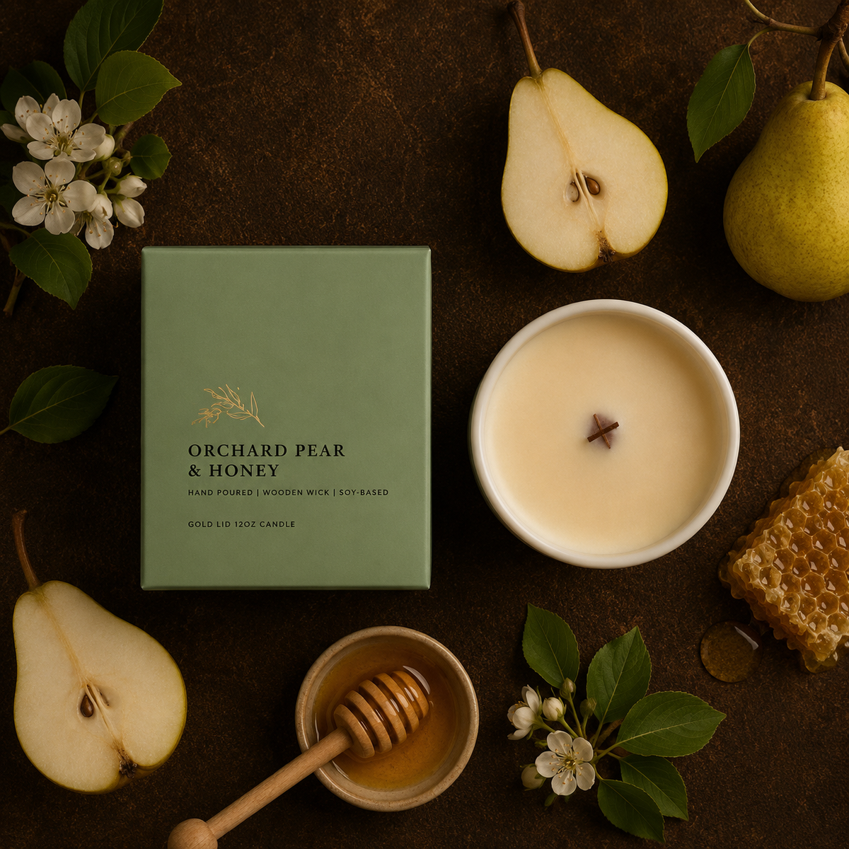 A styled flat-lay of a candle product with its sage green box and a white candle bowl surrounded by pear halves, honeycomb, honey dipper, honey, white blossoms, and green leaves on a dark brown textured surface. The box reads 'ORCHID PEAR & HONEY'.