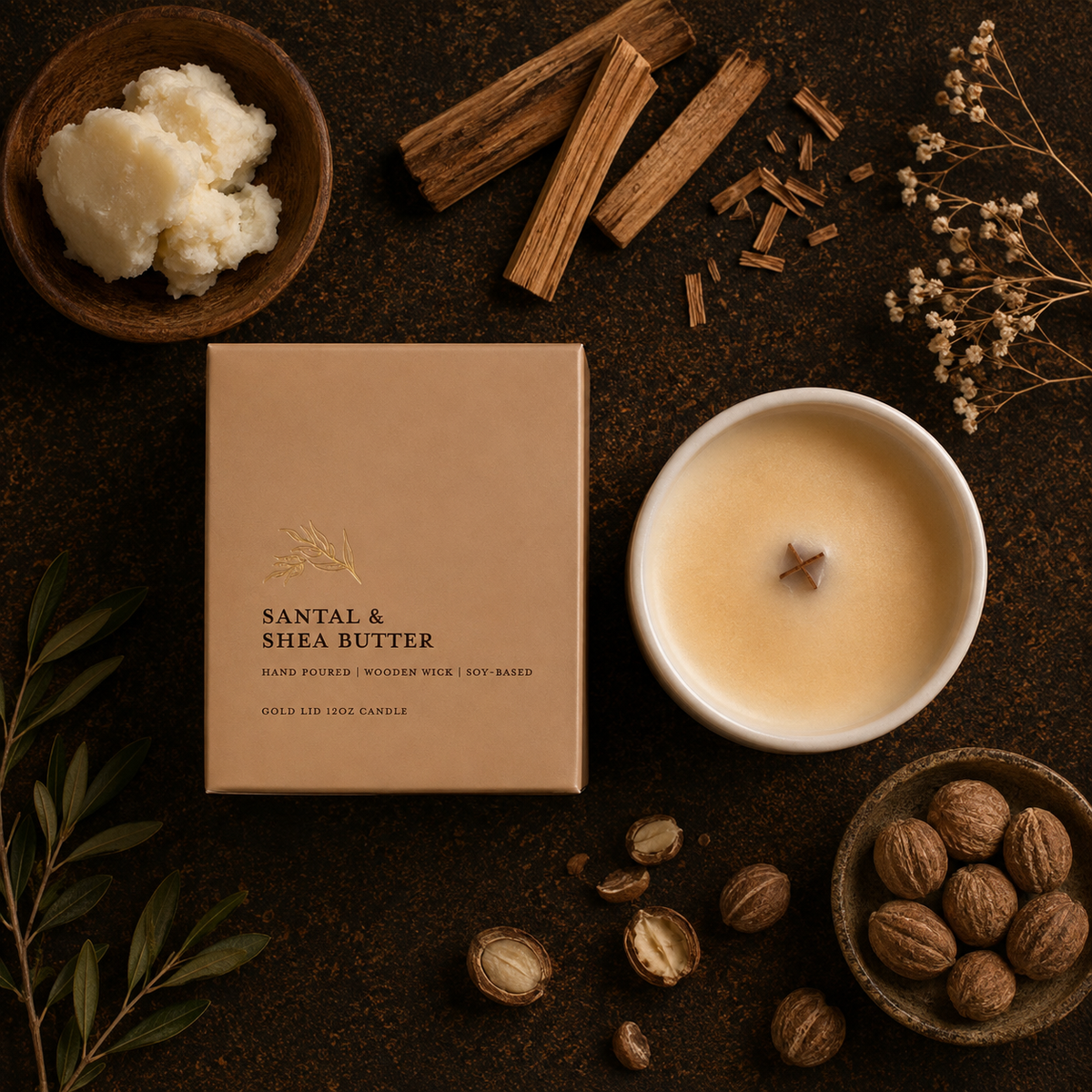 A candle product styled in a flat lay on a dark textured surface, with the kraft paper box labeled 'SANTAL & SHEA BUTTER' beside a lit white candle. Surrounding props include cinnamon sticks, a bowl of solid wax, dried flowers, nuts, and leaves.