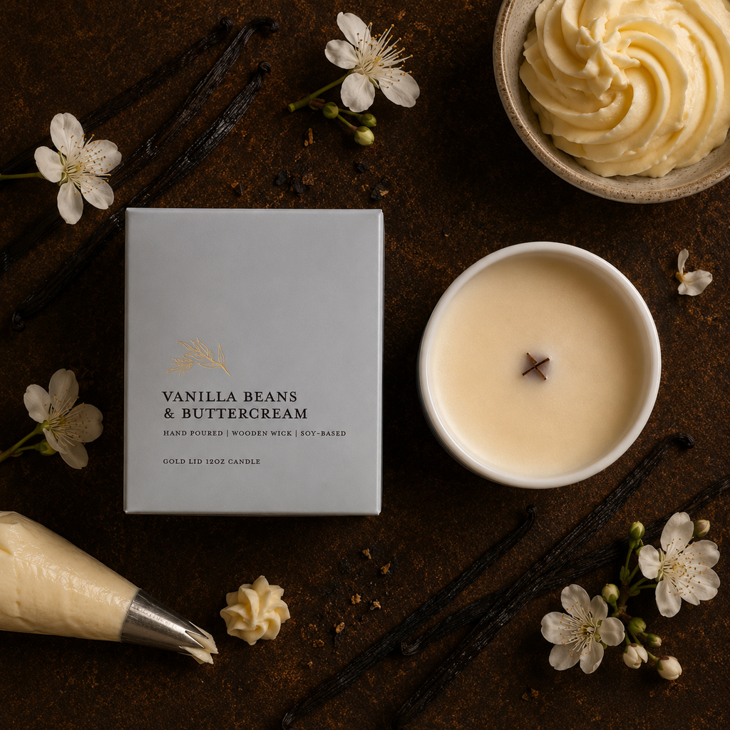 A vanilla bean and buttercream scented candle shown with its light gray box, a lit cream-colored candle in a white bowl, vanilla beans, white flowers, and a piping bag on a dark rustic surface.