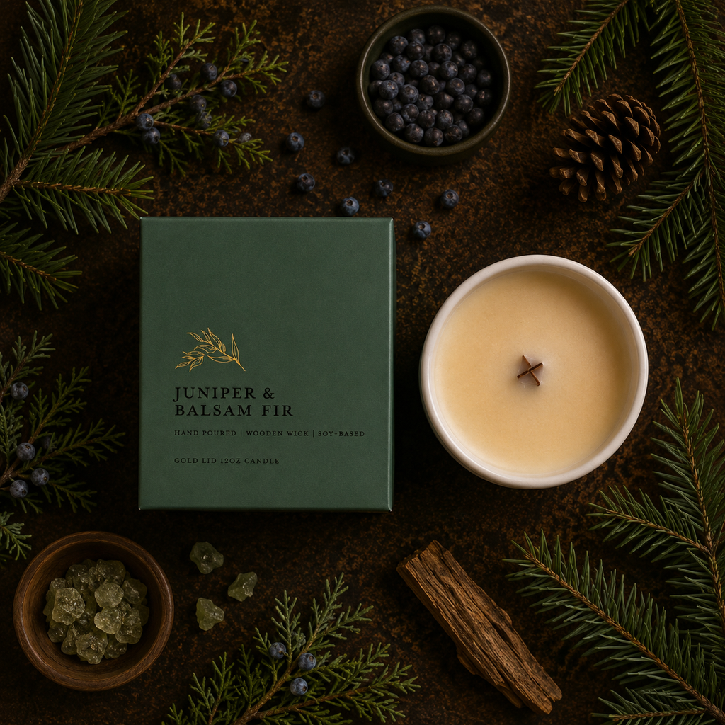 A dark green candle box labeled 'Juniper & Balsam Fir' is arranged on a rustic dark surface beside a white candle with a single wooden wick. The scene is styled with evergreen branches, blueberries, a pinecone, and small bowls of natural ingredients.
