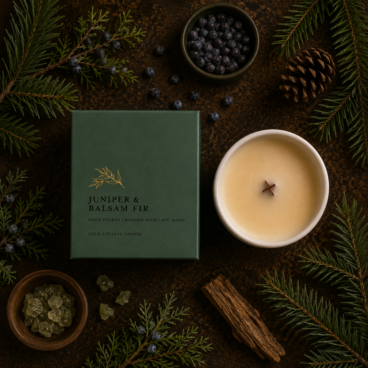 A dark green candle box labeled 'Juniper & Balsam Fir' is arranged on a rustic dark surface beside a white candle with a single wooden wick. The scene is styled with evergreen branches, blueberries, a pinecone, and small bowls of natural ingredients.