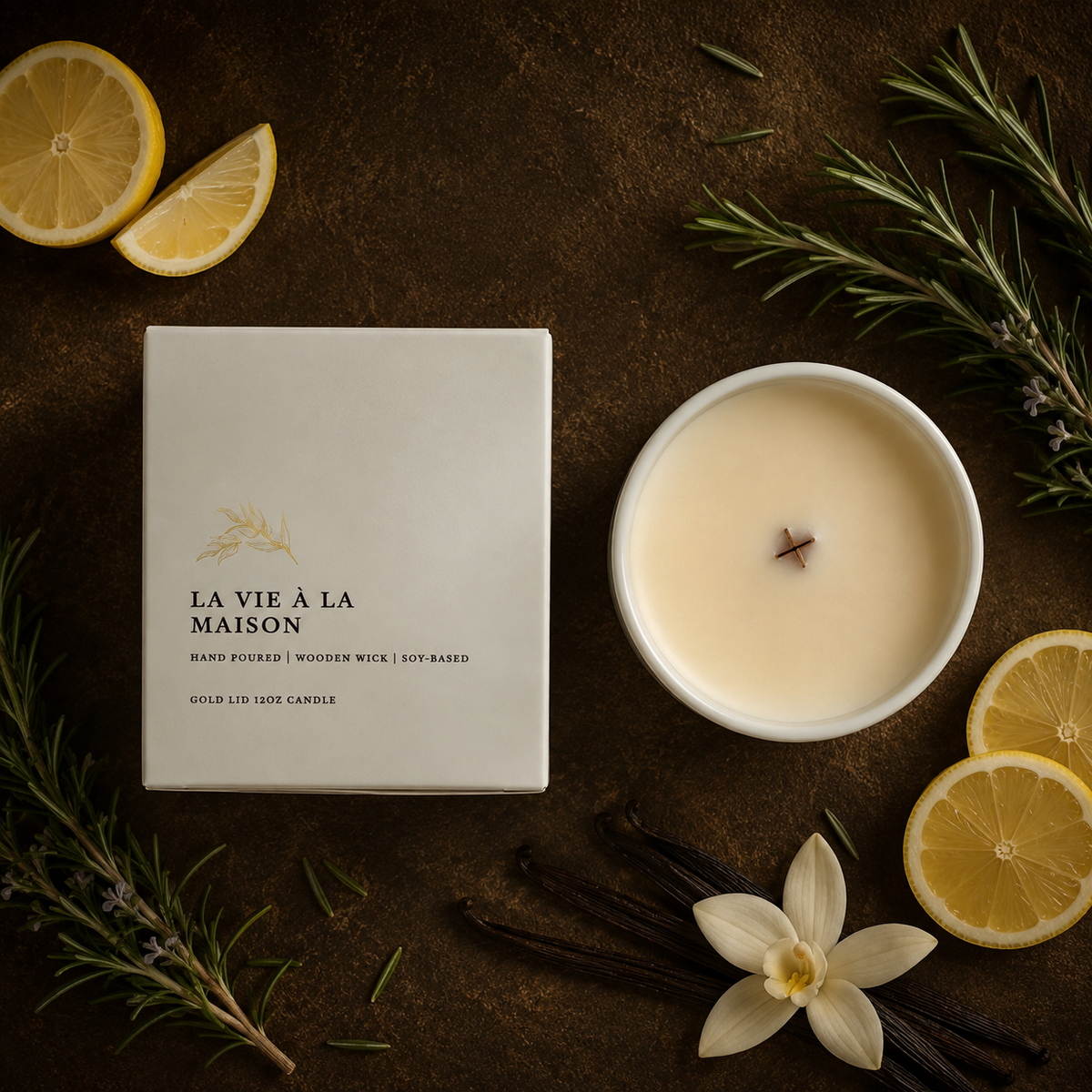La Vie a la Maison | Gold Lid & Boutique Box 12oz Wooden Wick Candle