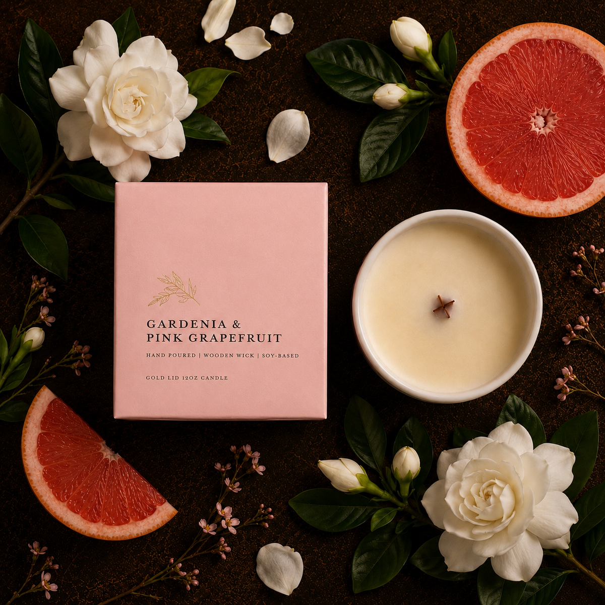 Gardenia & Pink Grapefruit | Gold Lid & Boutique Box 12oz Wooden Wick Candle