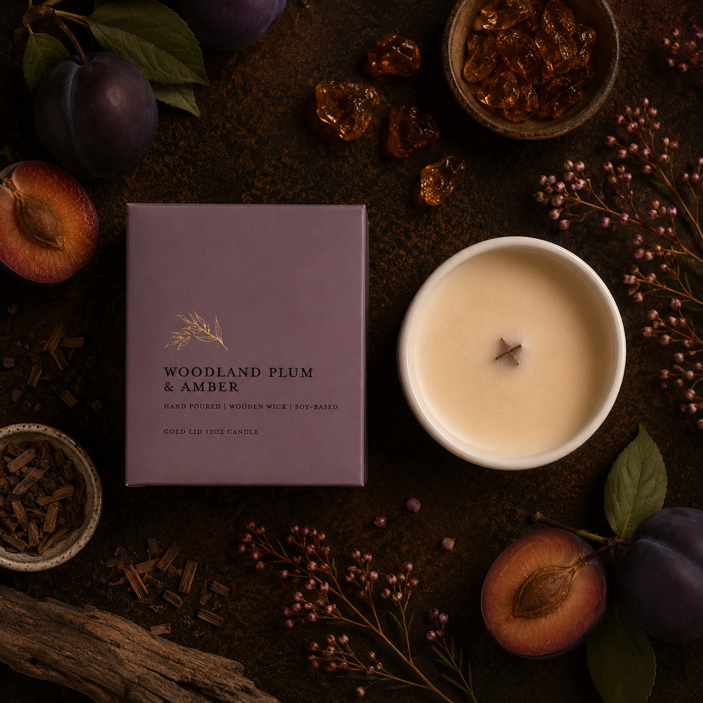 A styled flat-lay of a candle in a white ceramic vessel next to its mauve-purple packaging box labeled 'WOODLAND PLUM & AMBER'. The scene is decorated with fresh plums, amber resin pieces, and dried botanicals on a dark rustic background.