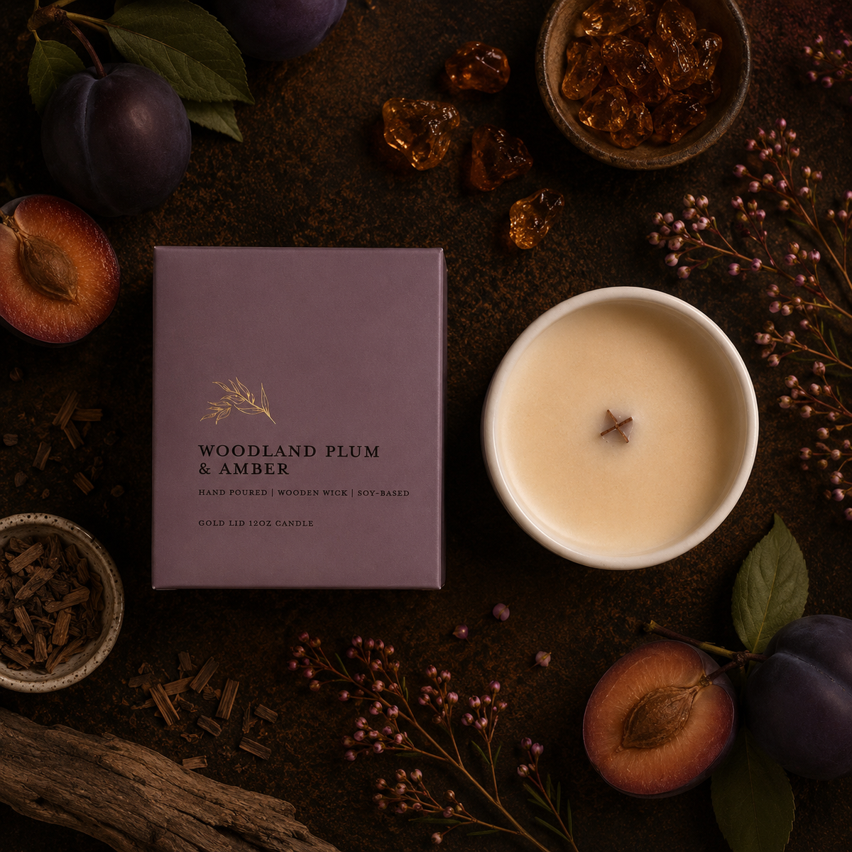 A styled flat-lay of a candle in a white ceramic vessel next to its mauve-purple packaging box labeled 'WOODLAND PLUM & AMBER'. The scene is decorated with fresh plums, amber resin pieces, and dried botanicals on a dark rustic background.