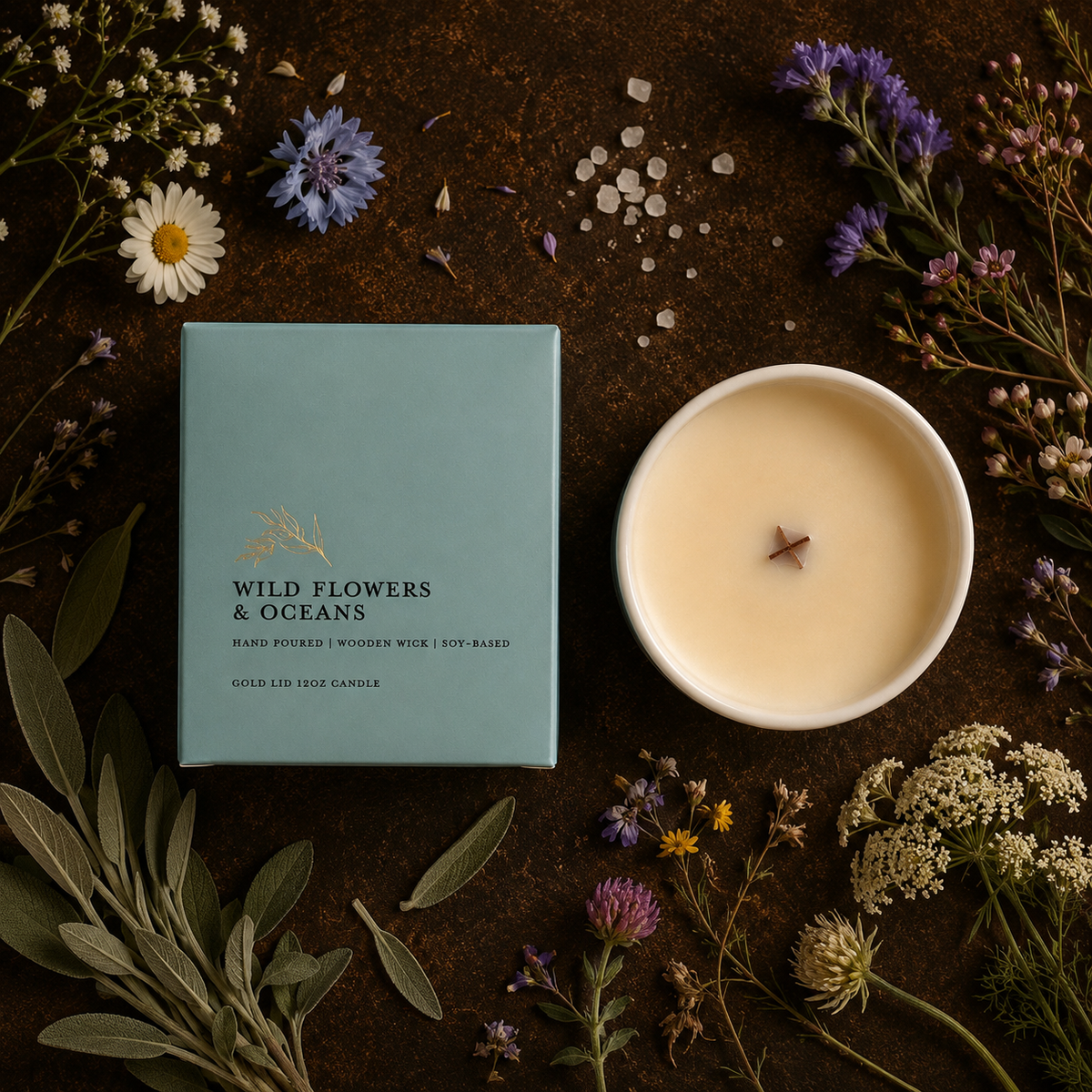 A square sage green candle box labeled 'Wild Flowers & Oceans' sits beside an open white candle vessel filled with creamy wax, styled on a dark rustic surface with dried flowers, greenery, and salt crystals.