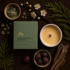A styled flat-lay of a green candle box labeled 'Plum Blossom & Cypress' beside a lit cream-colored candle in a white bowl, surrounded by dried botanicals, small flowers, and stones on a dark brown background.
