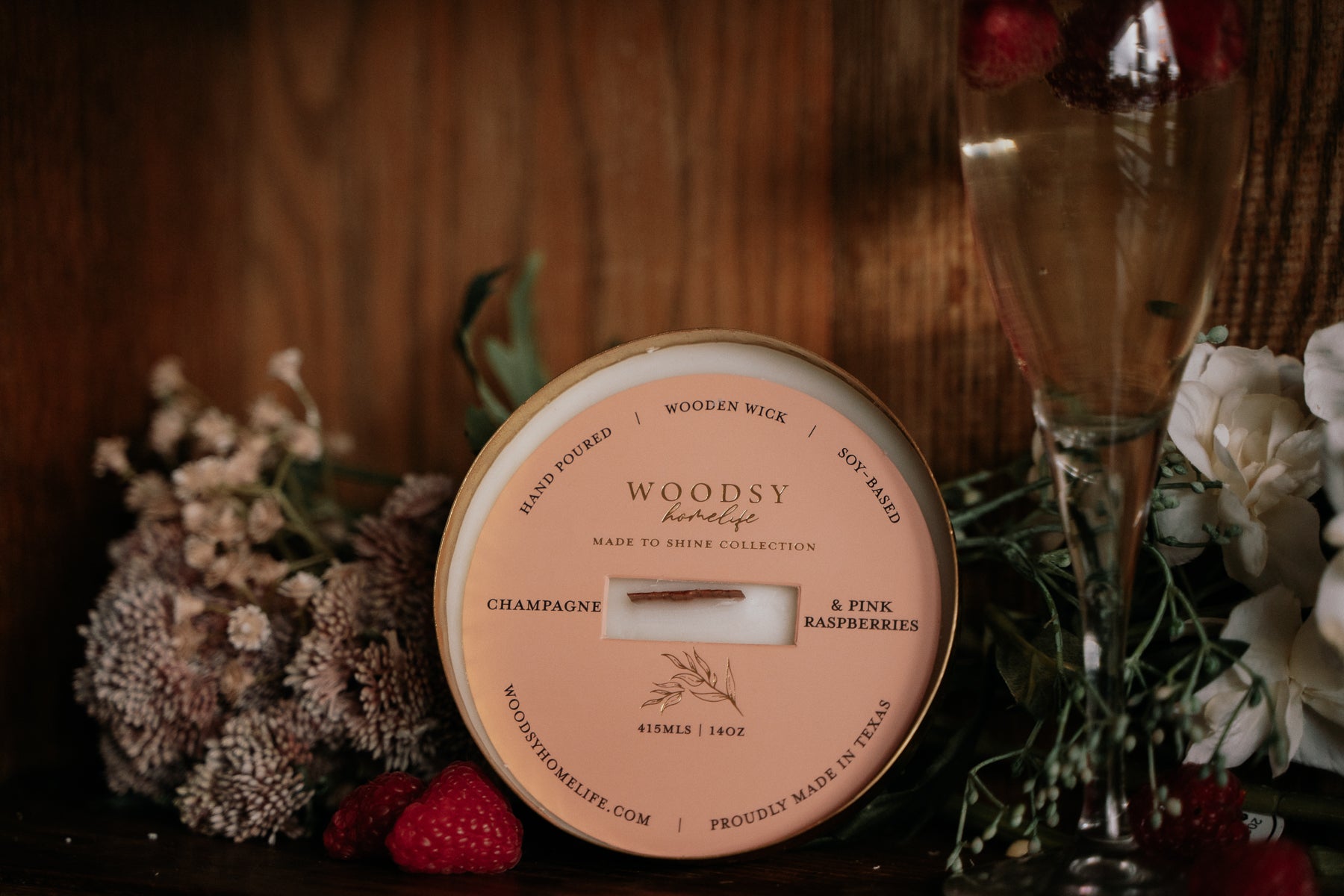 Champagne & Pink Raspberries  l  Solid Brass 14oz Soy Candle