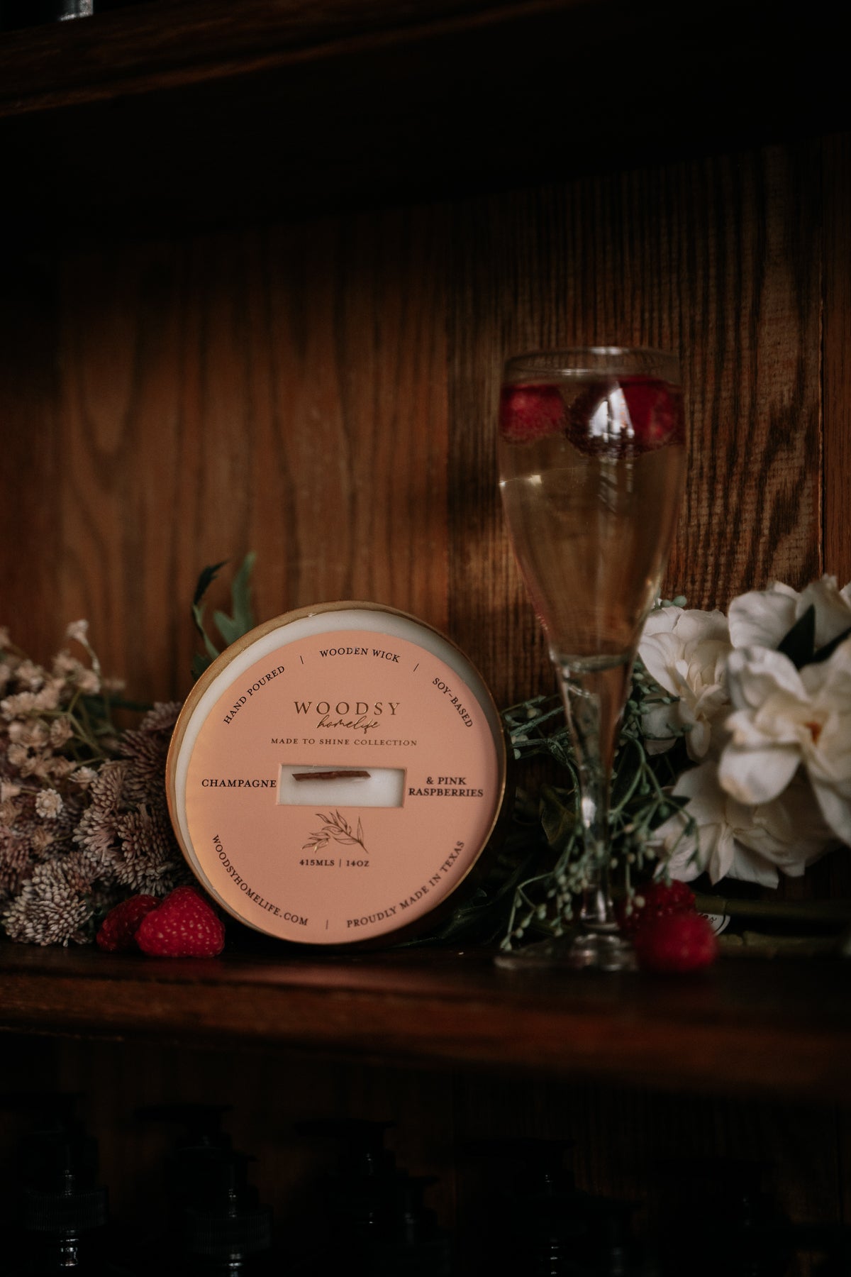 Champagne & Pink Raspberries  l  Solid Brass 14oz Soy Candle
