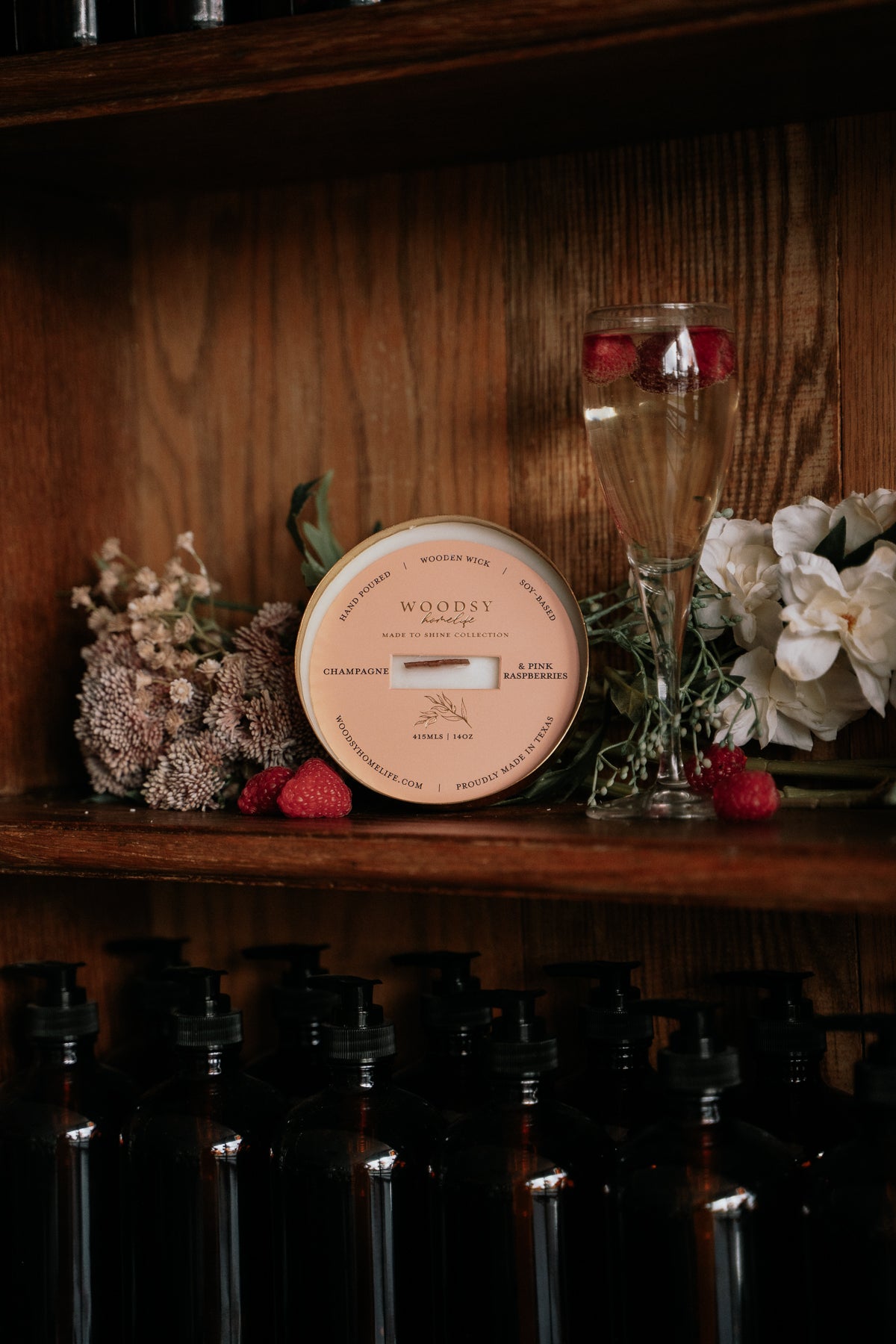 Champagne & Pink Raspberries  l  Solid Brass 14oz Soy Candle