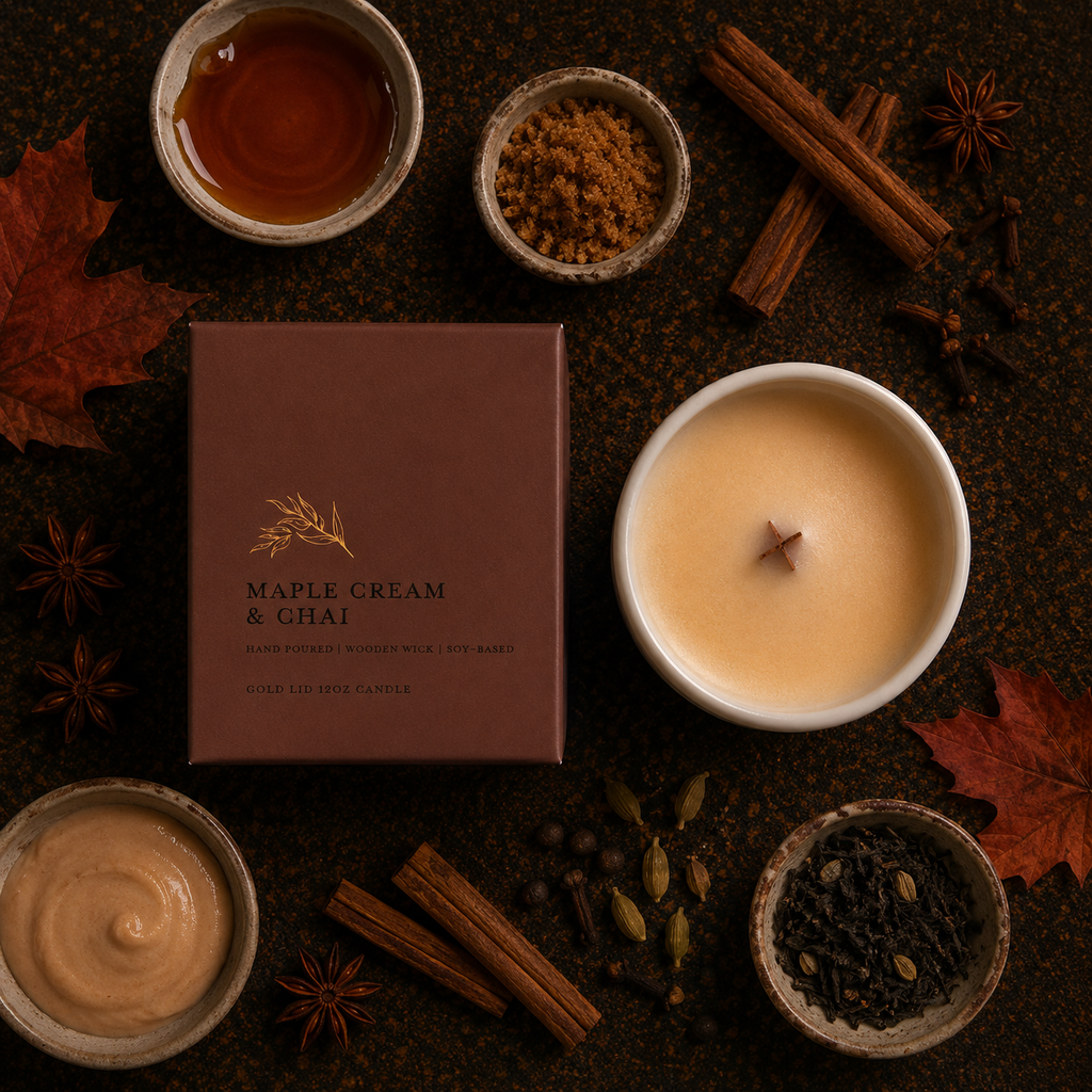 A styled flat-lay of a brown rectangular candle box labeled 'MAPLE CREAM & CHAI' surrounded by autumn spices and ingredients including cinnamon sticks, star anise, dried leaves, and two bowls containing creamy beige and amber liquid on a dark textured surface.