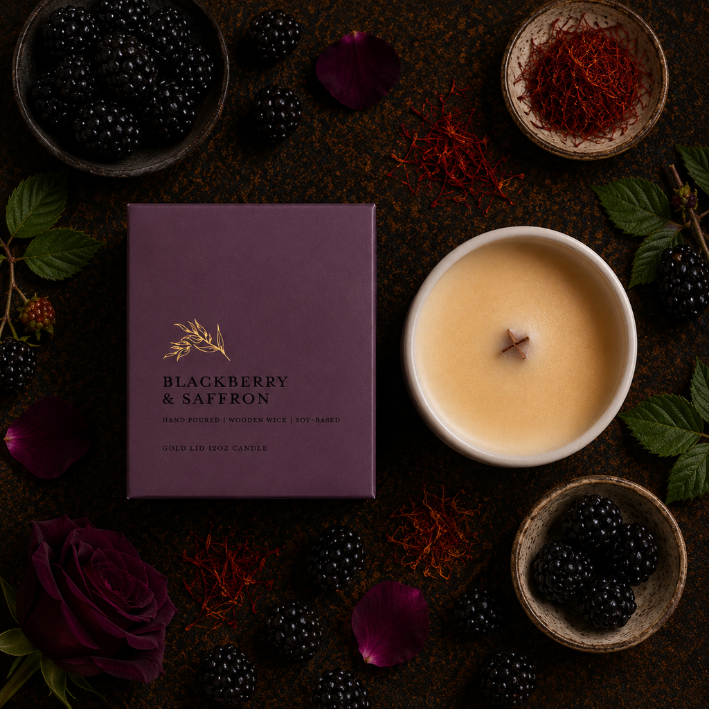 A styled flat-lay of a candle product showing a deep purple rectangular box labeled 'Blackberry & Saffron' next to a white ceramic candle jar filled with pale golden wax. The scene is surrounded by blackberries, rose petals, green leaves, saffron threads, and a dark textured surface.
