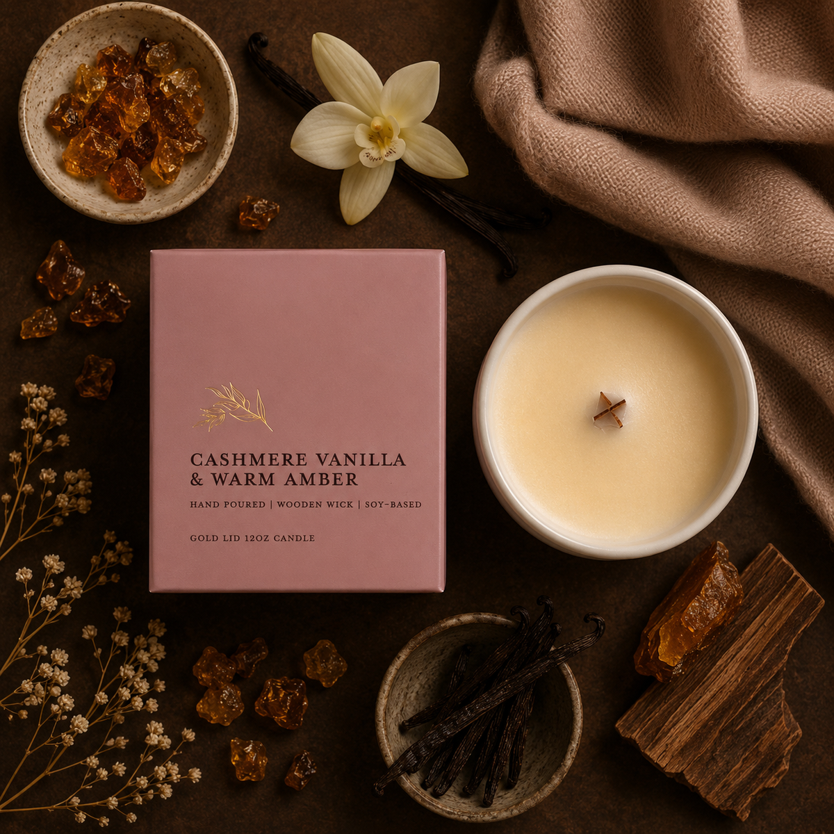 A styled flat-lay of a candle product showing a pink box labeled 'CASHMERE VANILLA & WARM AMBER' next to a white candle vessel with cream wax and a wooden wick. The scene includes vanilla beans, amber pieces, dried flowers, and a brown cloth on a dark surface.