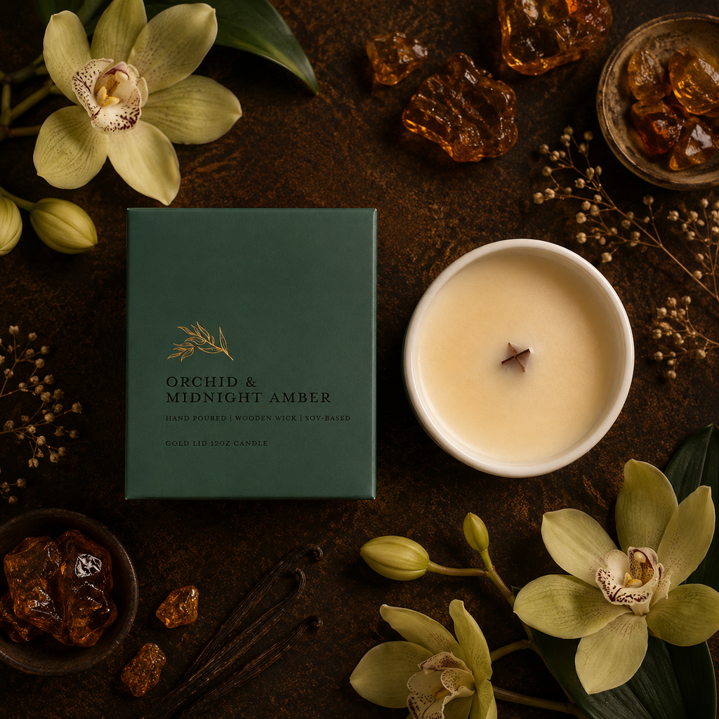 A dark green candle box labeled 'ORCHID & MIDNIGHT AMBER' is arranged on a dark rustic surface beside a white candle vessel with creamy wax and a wick, surrounded by orchid flowers, amber pieces, and botanical props.