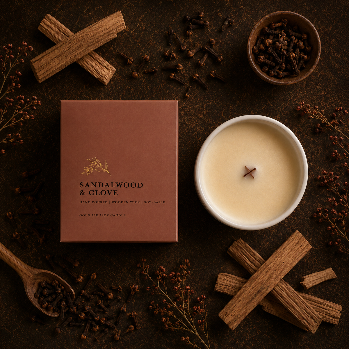 A candle product shown in a styled flat lay with its brown box labeled 'SANDALWOOD & CLOVE' beside a white bowl of creamy wax candle, surrounded by cinnamon sticks, cloves, and dried botanicals on a dark brown surface.