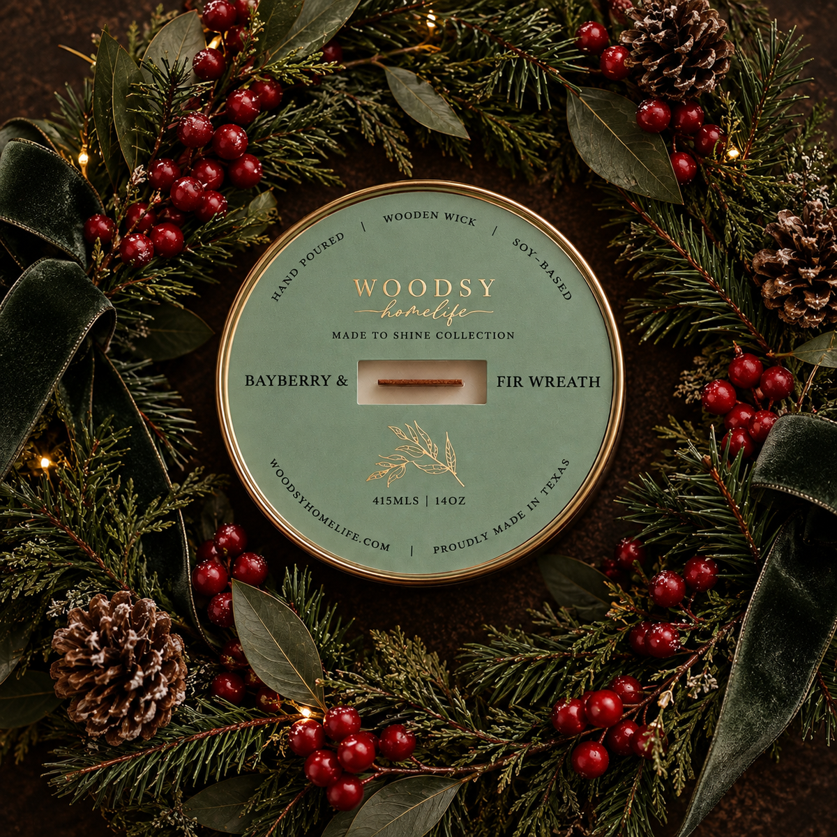 Bayberry & Fir Wreath-Solid Brass 14oz Wooden-Wick Soy Candle