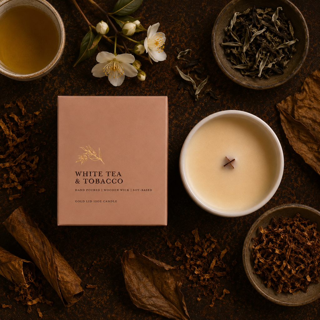 A square blush pink candle box labeled 'WHITE TEA & TOBACCO' is arranged in a styled flat lay on a dark rustic surface, surrounded by tea leaves, dried leaves, a cup of tea, white flowers, and a white candle with a single wick.