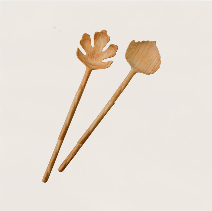 Hand Carved Leaf Shaped Wooden Salad Servers 10"