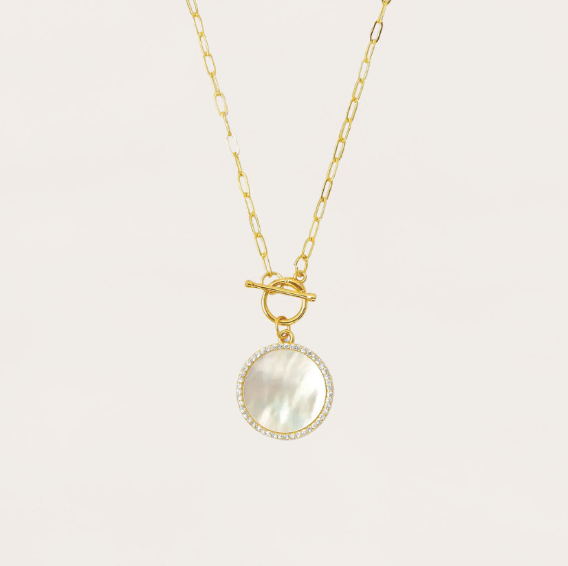 Mother of Pearl Pave Circle Toggle Necklace