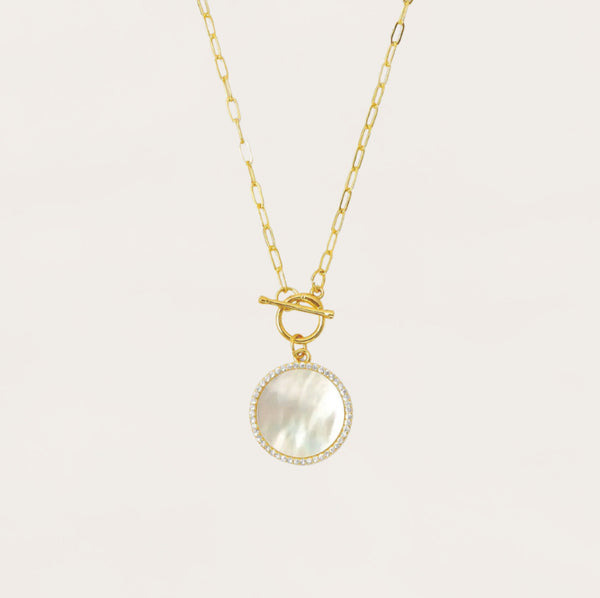 Mother of Pearl Pave Circle Toggle Necklace