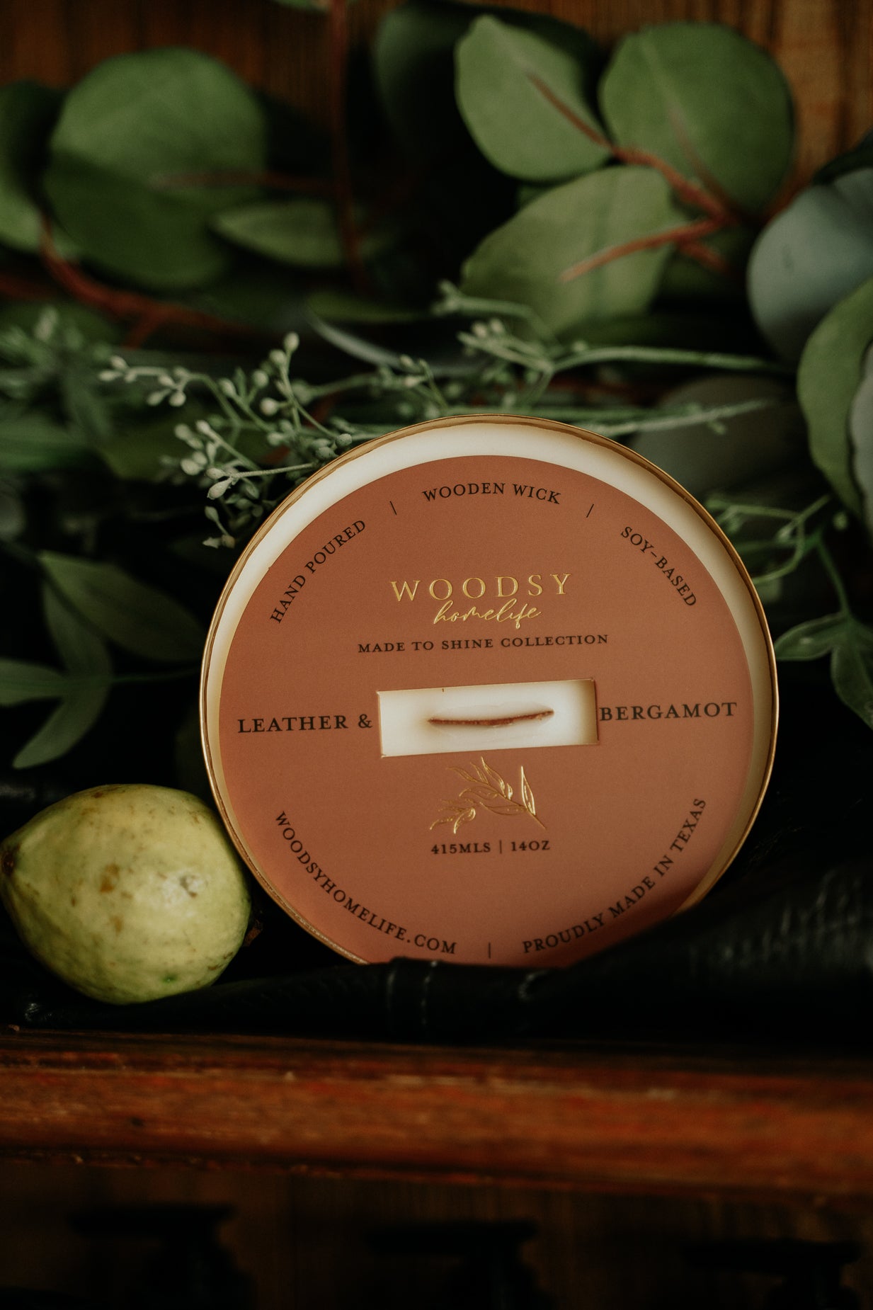 Leather & Bergamot  l  Solid Brass 14oz Soy Candle