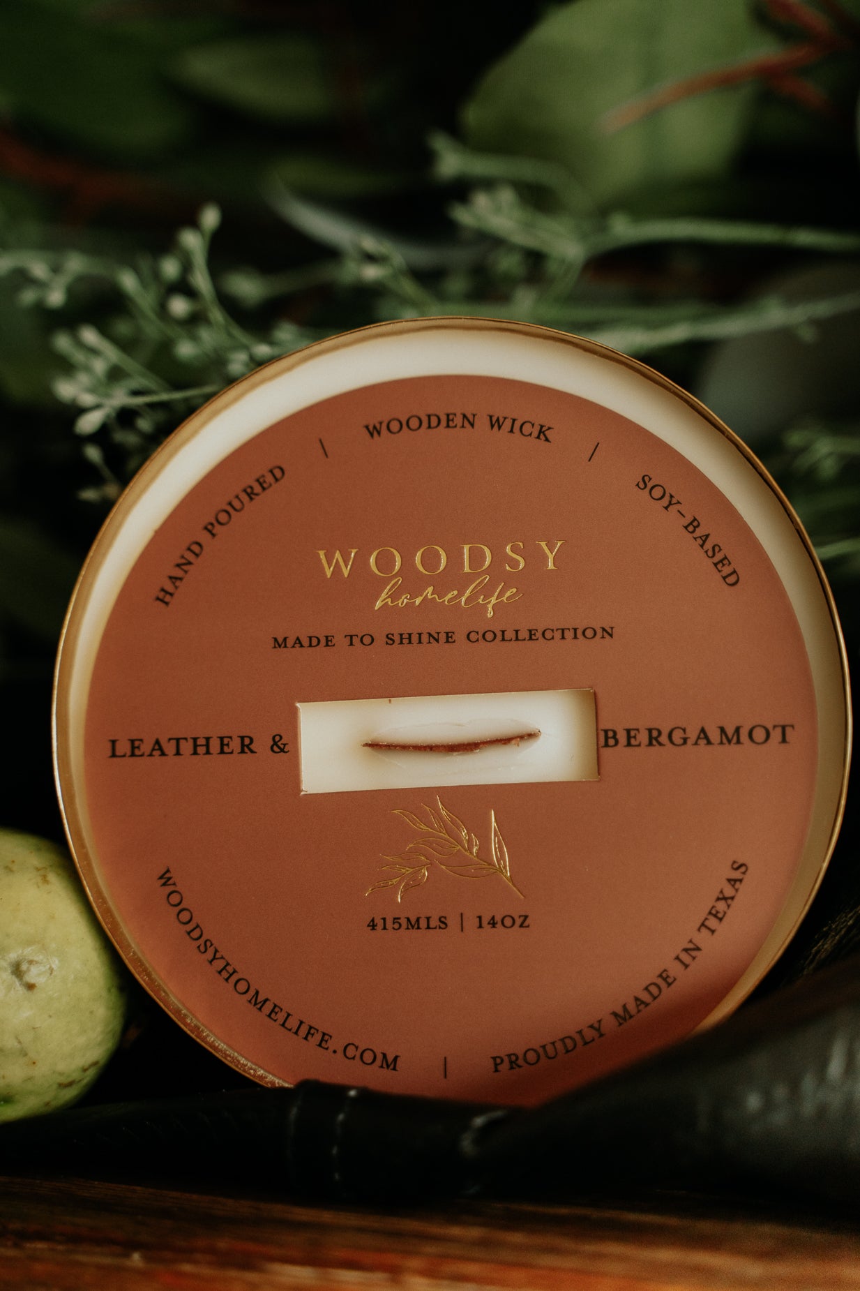 Leather & Bergamot  l  Solid Brass 14oz Soy Candle