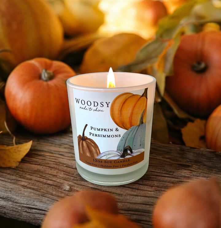 Pumpkin & Persimmons Vintage Watercolor Candle /12oz/ Wood Wick