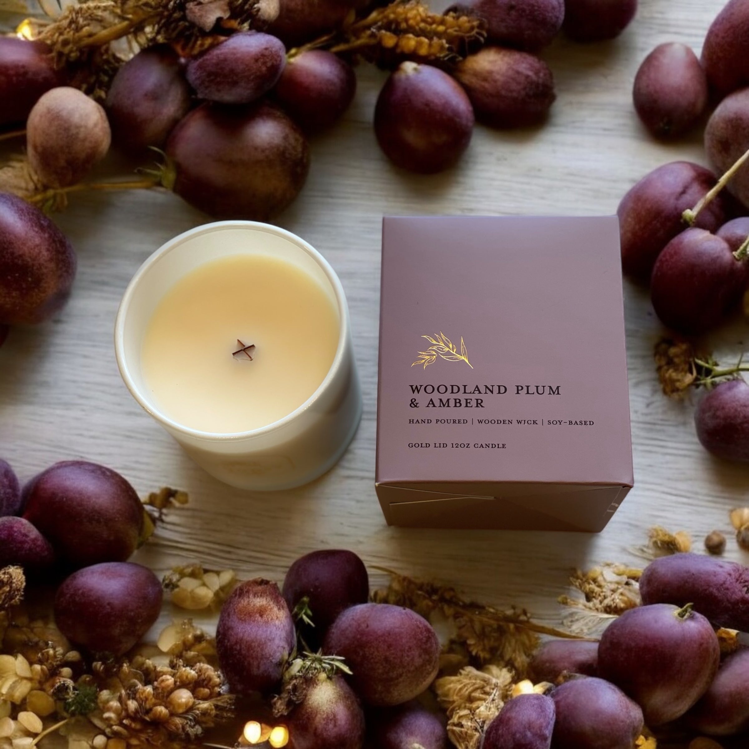 Woodland Plum & Amber - 12oz | Wooden Wick Soy Candle with Wood Lid