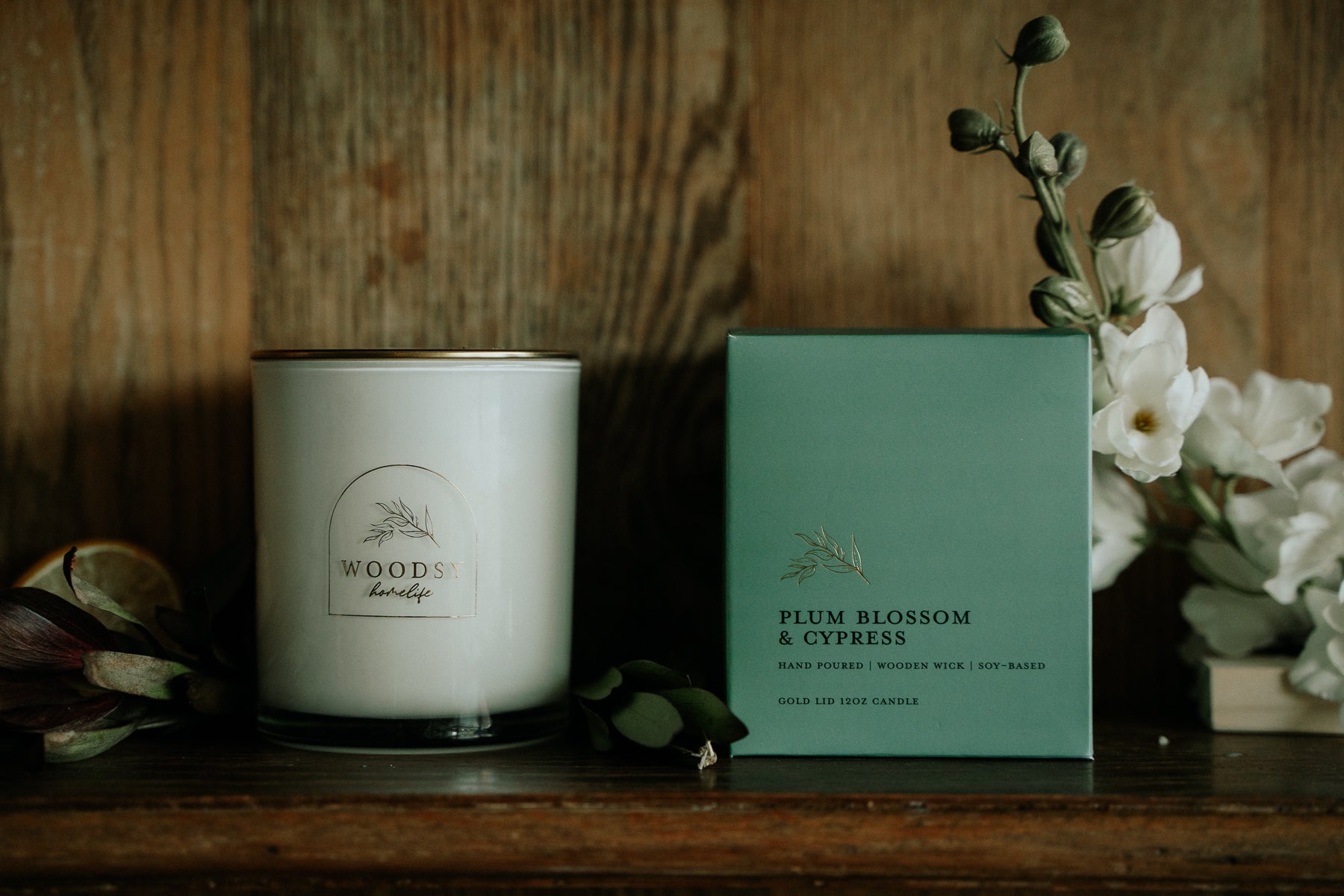 Plum Blossom & Cypress | Gold Lid & Boutique Box 12oz Candle