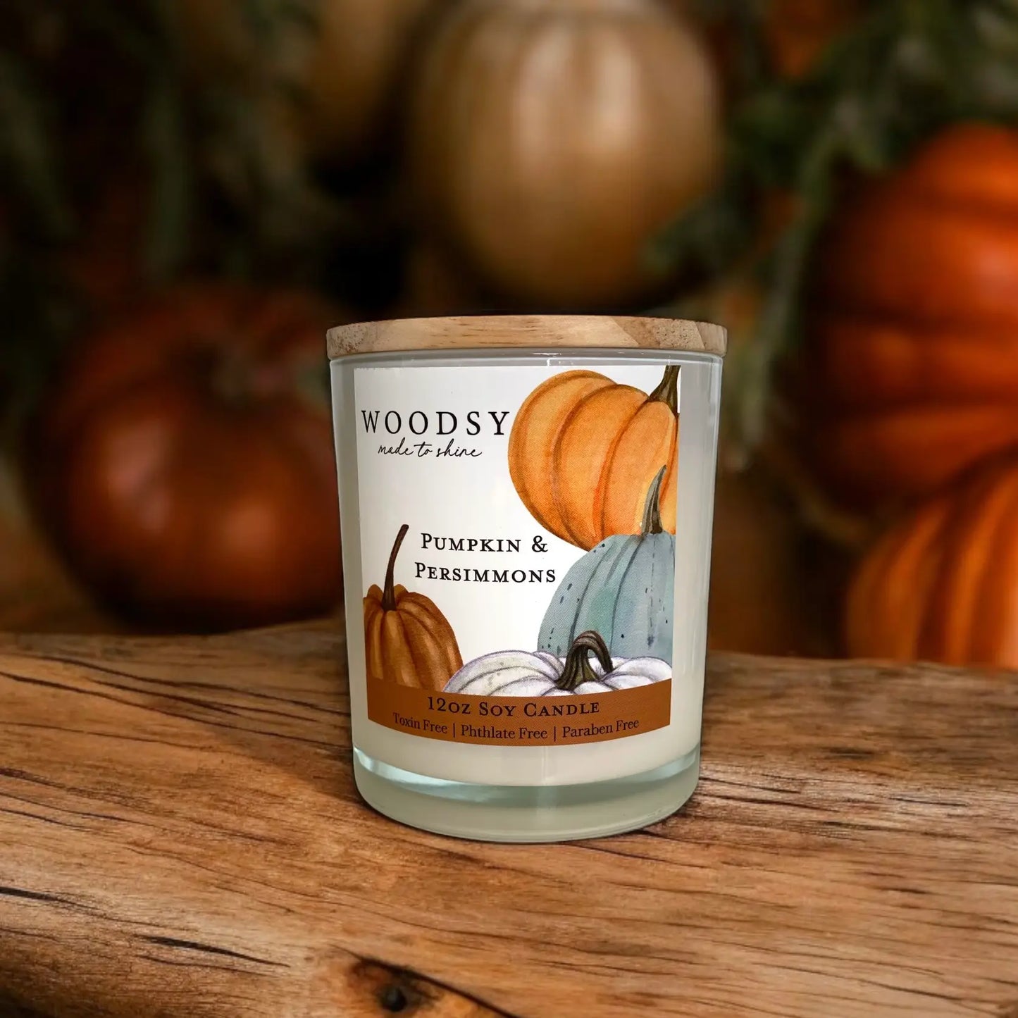 Pumpkin & Persimmons Vintage Watercolor Candle /12oz/ Wood Wick