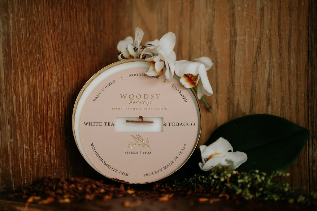 White Tea & Tobacco  l  Solid Brass 14oz Soy Candle