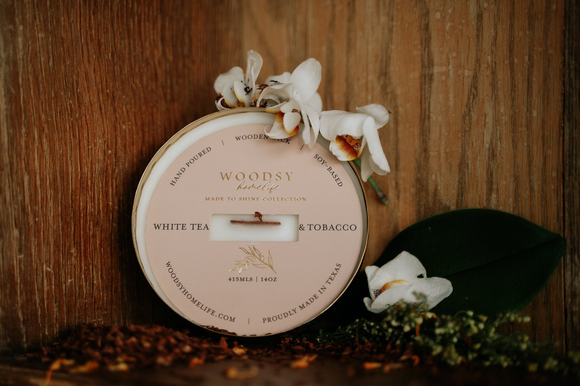 White Tea & Tobacco  l  Solid Brass 14oz Soy Candle