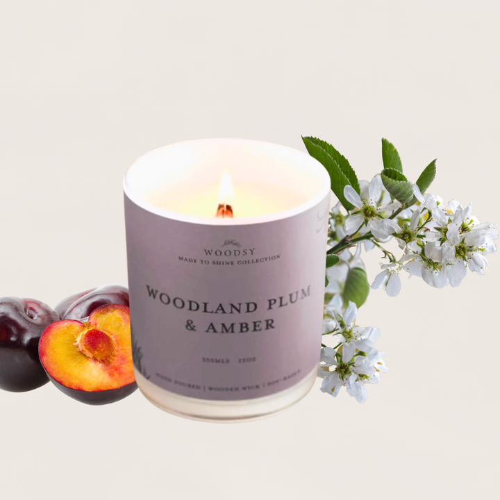 Woodland Plum & Amber - Gold Lid Jar Candle/Toxin Free / Soy/ Wooden Wick