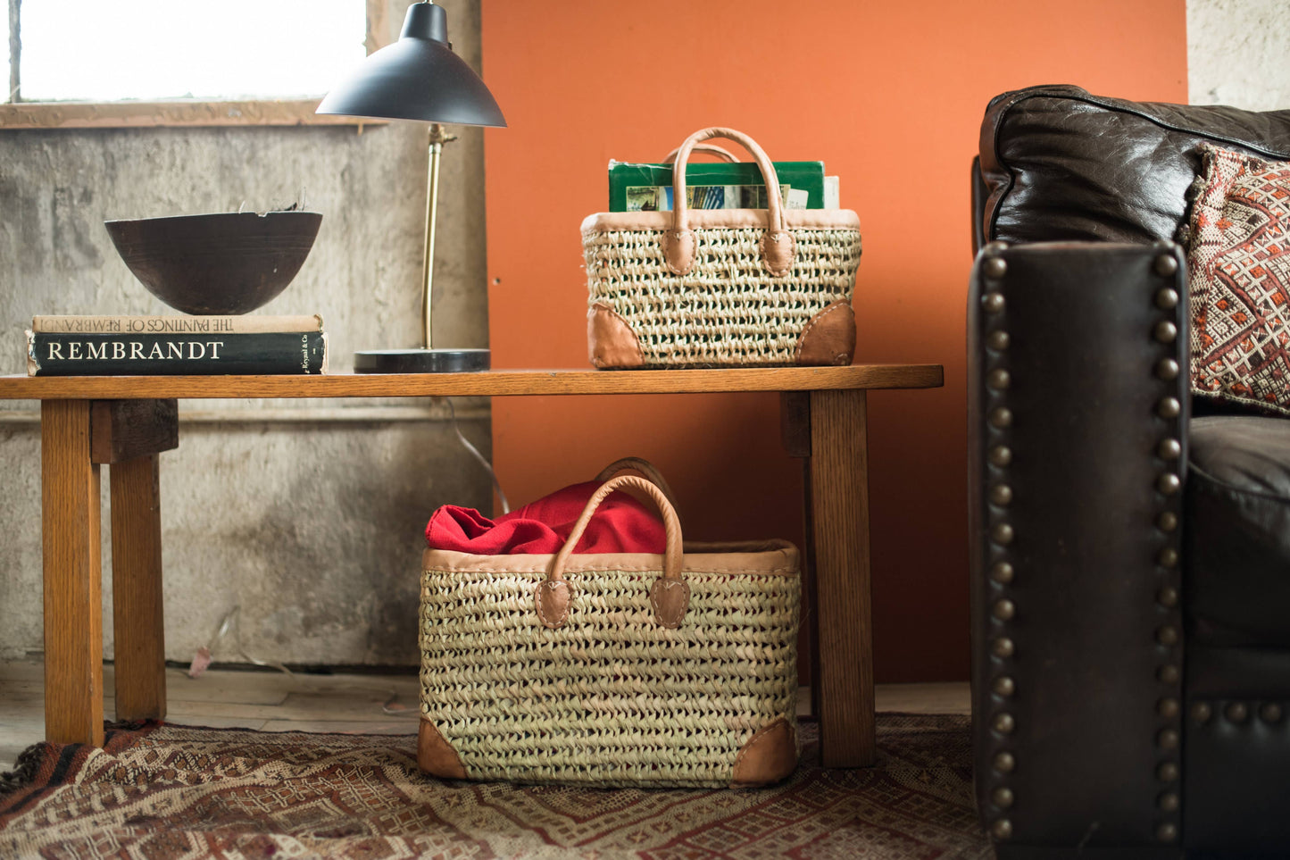 Open Weave Basket with Leather Trim: Extra Large