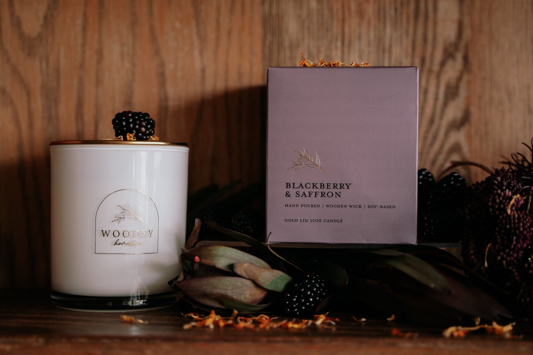 Blackberry & Saffron l Gold Lid Candle & Boutique Box